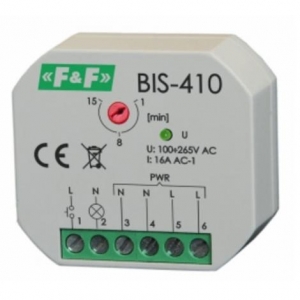 Przekaźnik bistabilny F&F BIS-410-LED-24V 16A 1NO 9-30V AC/DC do LED z wyłącznikiem czasowym 1-12min do puszki fi 60 - wysyłka w 24h